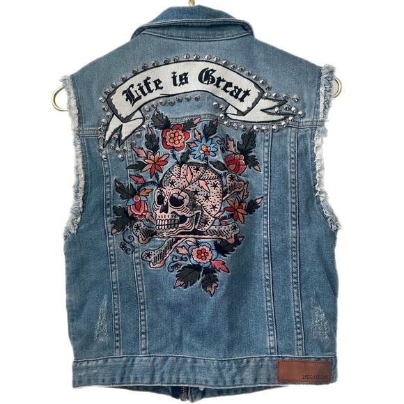 ZADIG & VOLTAIRE ‘LIFE IS GREAT’ STUDDED EMBROIDERED SKULL DENIM VEST, SIZE S - Picture 9 of 11